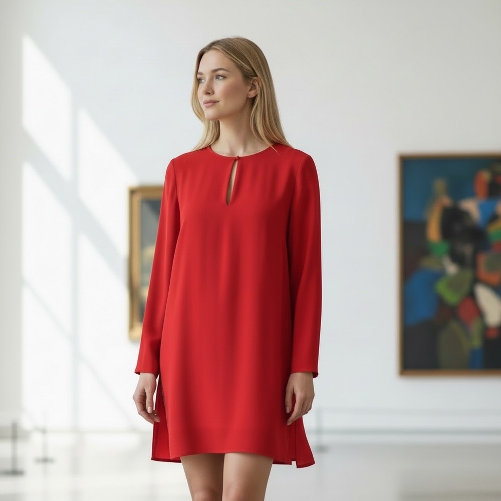 Authentic Ralph Lauren Black Label Red Silk Keyhole Long Sleeve Mini Dress, 6